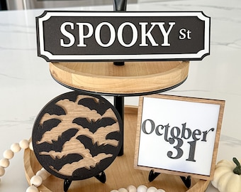 Halloween Tiered Tray Decor // Farmhouse Style Signs // Bats // October 31 // Spooky St // Rustic Wood Signs