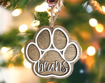 Personalized Dog Paw Name Christmas Ornament // Rustic Brown Stained Wood // Stocking Tag