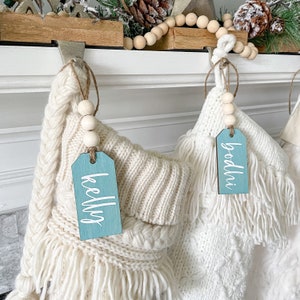 Personalized Beach Theme Stocking Name Tags // Coastal Christmas // Aqua Stained Wood // Wood Beads // Cottage Style // Boho