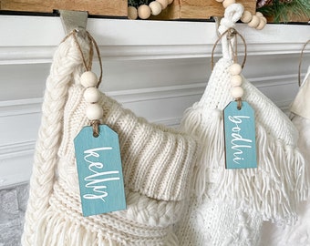 Personalized Beach Theme Stocking Name Tags // Coastal Christmas // Aqua Stained Wood // Wood Beads // Cottage Style // Boho