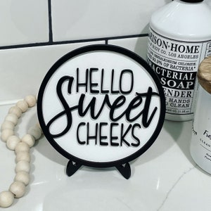 Bathroom Tiered Tray Decor // Black, White & Walnut Stained Signs // Get Naked // Hello Sweet Cheeks // Boy Girl // Farmhouse Shiplap Style SweetCheeks + Easel