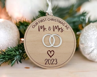 Our First Christmas as Mr. and Mrs. Ornament // Wedding Rings // Wedding, Engagement Gift // Couples Ornament