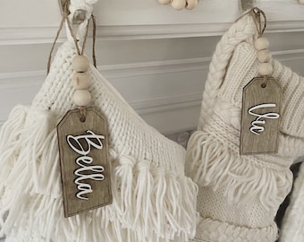 Stocking Tags Personalized //Farmhouse Style // Wood Beads // Raised Wood Name // Script Font // Rustic Stained Wood // Christmas Gift