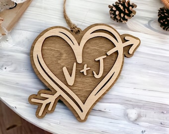 Personalized Heart and Arrow Christmas Ornament // Couple’s Initials // Rustic Wood // Wedding, Engagement, Anniversary Gift