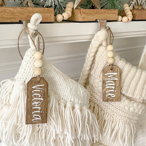 Personalized Stocking Name Tags //Farmhouse Style // Rustic Gift Tag // Wood Beads // Walnut Stained Wood // Christmas Stocking Tags