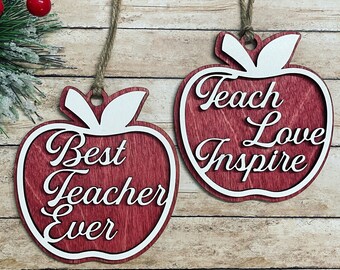 Teacher Apple Christmas Ornament //  Best Teacher Ever or Teach Love Inspire // Rustic Red Stained Wood // Teacher Gift