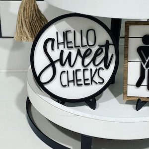 Bathroom Tiered Tray Decor // Black, White & Walnut Stained Signs // Get Naked // Hello Sweet Cheeks // Boy Girl // Farmhouse Shiplap Style Hello Sweet Cheeks