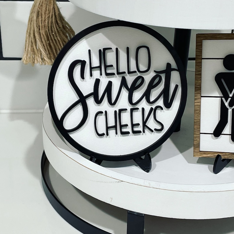 Bathroom Tiered Tray Decor // Black, White & Walnut Stained Signs // Get Naked // Hello Sweet Cheeks // Boy Girl // Farmhouse Shiplap Style Hello Sweet Cheeks