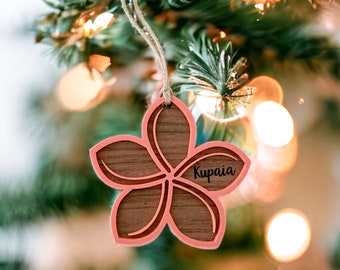 Personalized Hawaiian Flower Ornament // Frangipani // Stocking Name Tag // Boho Coastal Christmas // Walnut Wood & Pastel Acrylic