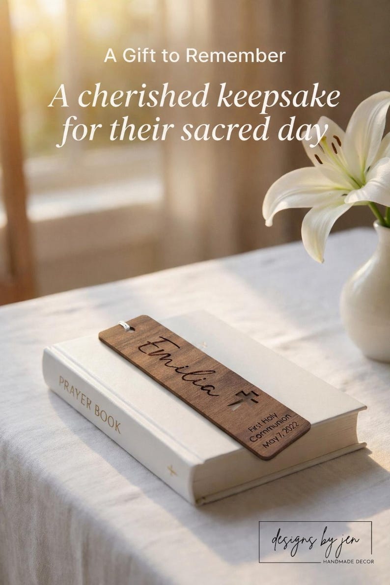 Personalized First Holy Communion Bookmark // Walnut Wood // First Communion Gift // Religious Gift // Bible Bookmark image 2