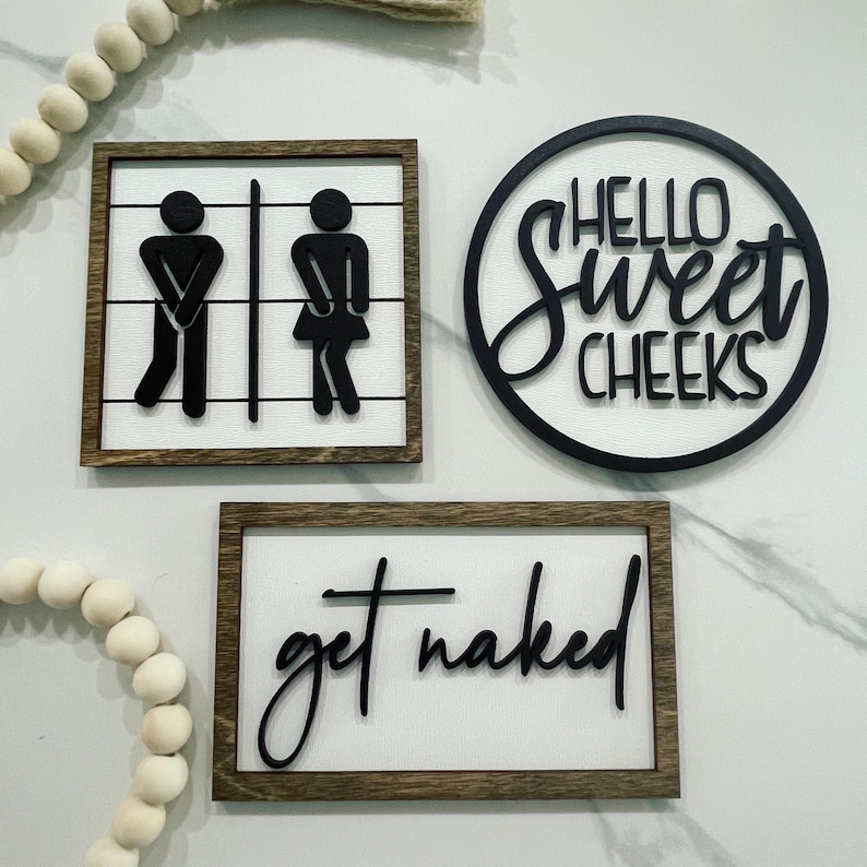 Bathroom Tiered Tray Decor // Black, White & Walnut Stained Signs // Get Naked // Hello Sweet Cheeks // Boy Girl // Farmhouse Shiplap Style All 3 Signs