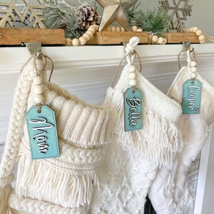 Beach Theme Stocking Name Tags Personalized // Wood Beads // Boho Cottage Coastal Christmas // Raised Wood // Script Font // Aqua Stain