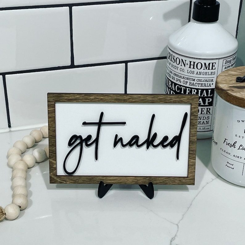Bathroom Tiered Tray Decor // Black, White & Walnut Stained Signs // Get Naked // Hello Sweet Cheeks // Boy Girl // Farmhouse Shiplap Style image 6
