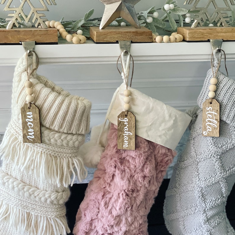 Personalized Stocking Name Tags // Farmhouse Style // Cursive Font // Wood Beads // Walnut Stained Wood // Christmas Stocking Tag image 9