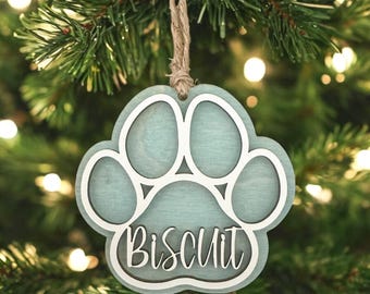 Personalized Dog Paw Name Christmas Ornament // Beach Theme // Aqua Stained Wood // Stocking Tag // Winter Wonderland