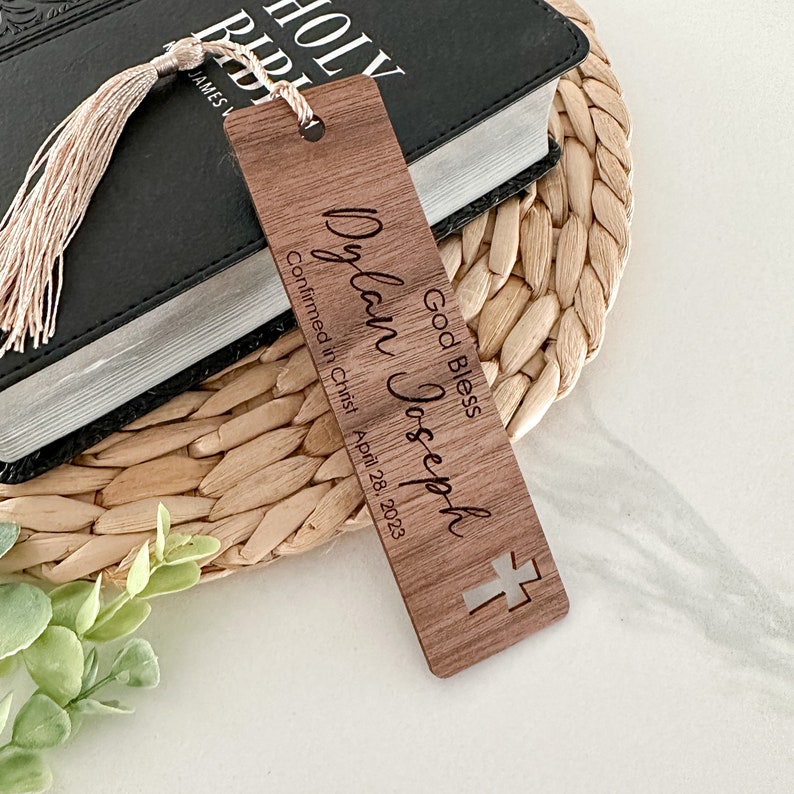 Personalized Confirmation Bookmark // Walnut Wood // Confirmed in Christ // Religious Gift // Bible Bookmark // God Bless image 1