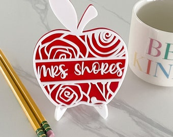 Personalized Teacher Name Apple Sign // Back to School Gift // Desk Nameplate // Red Acrylic //Teacher Appreciation Gift