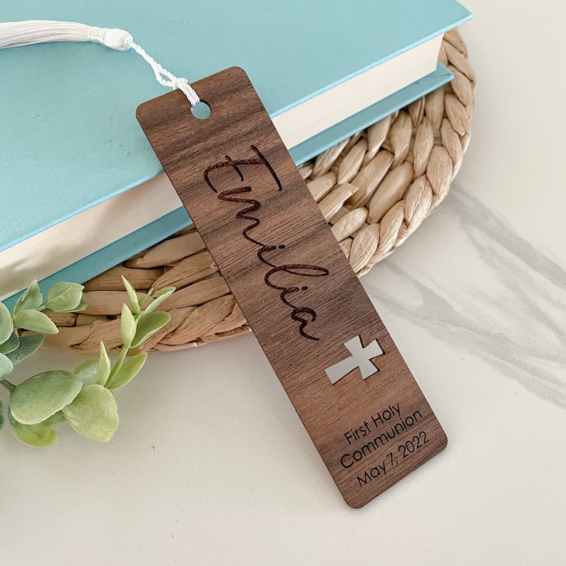 Personalized First Holy Communion Bookmark // Walnut Wood // First Communion Gift // Religious Gift // Bible Bookmark image 1