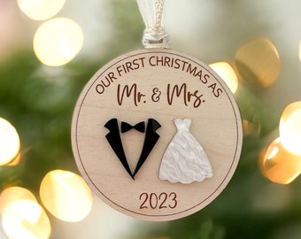 Our First Christmas as Mr. and Mrs. Ornament // Tuxedo and Dress // Wedding, Engagement Gift // Couples Ornament