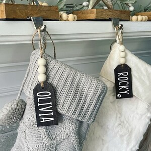 Stocking Tags Personalized // Wood Stocking Tag // Farmhouse Style // Beads // Black Stained Wood // Christmas Ornament // Gift Tag