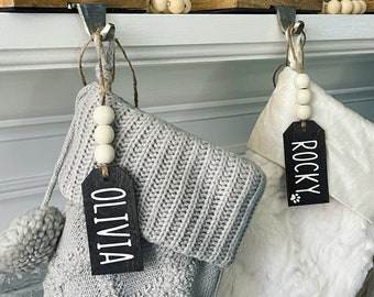 Stocking Tags Personalized // Wood Stocking Tag // Farmhouse Style // Beads // Black Stained Wood // Christmas Ornament // Gift Tag