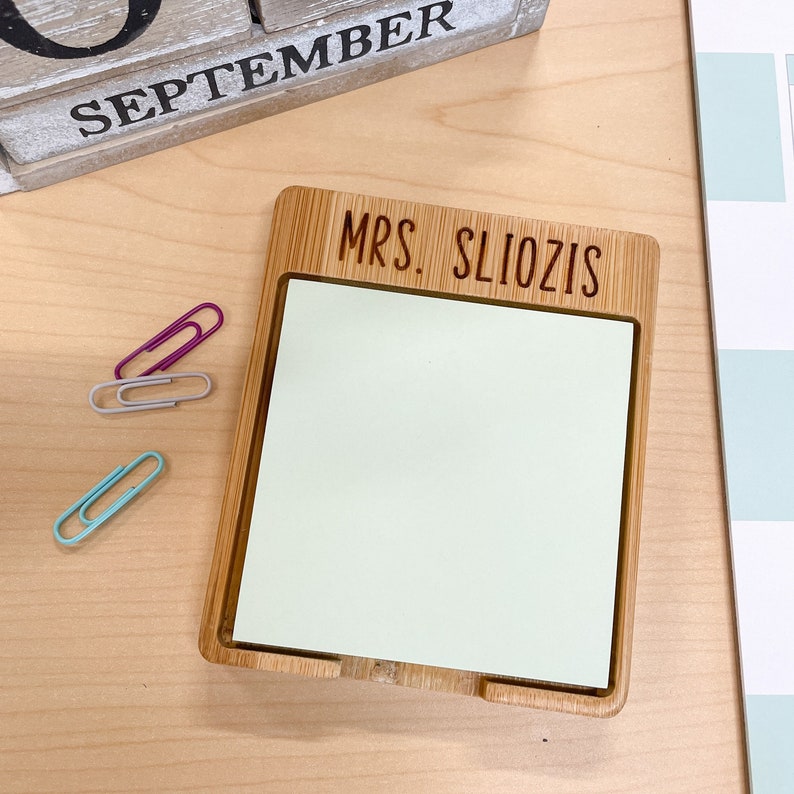 Personalized Engraved Teacher Sticky Note Holder // Teacher Gift // Bamboo Wood // Desk Decor image 4