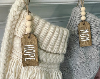 Personalized Stocking Name Tags //Farmhouse Style // Skinny Font // Wood Beads // Walnut Stained Wood // Christmas Stocking Tag
