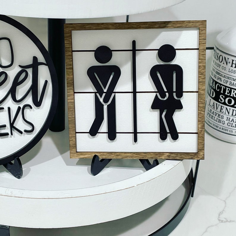 Bathroom Tiered Tray Decor // Black, White & Walnut Stained Signs // Get Naked // Hello Sweet Cheeks // Boy Girl // Farmhouse Shiplap Style Boy/Girl
