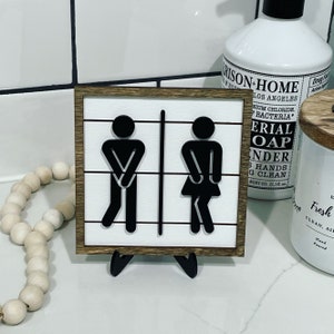 Bathroom Tiered Tray Decor // Black, White & Walnut Stained Signs // Get Naked // Hello Sweet Cheeks // Boy Girl // Farmhouse Shiplap Style Boy/Girl + Easel