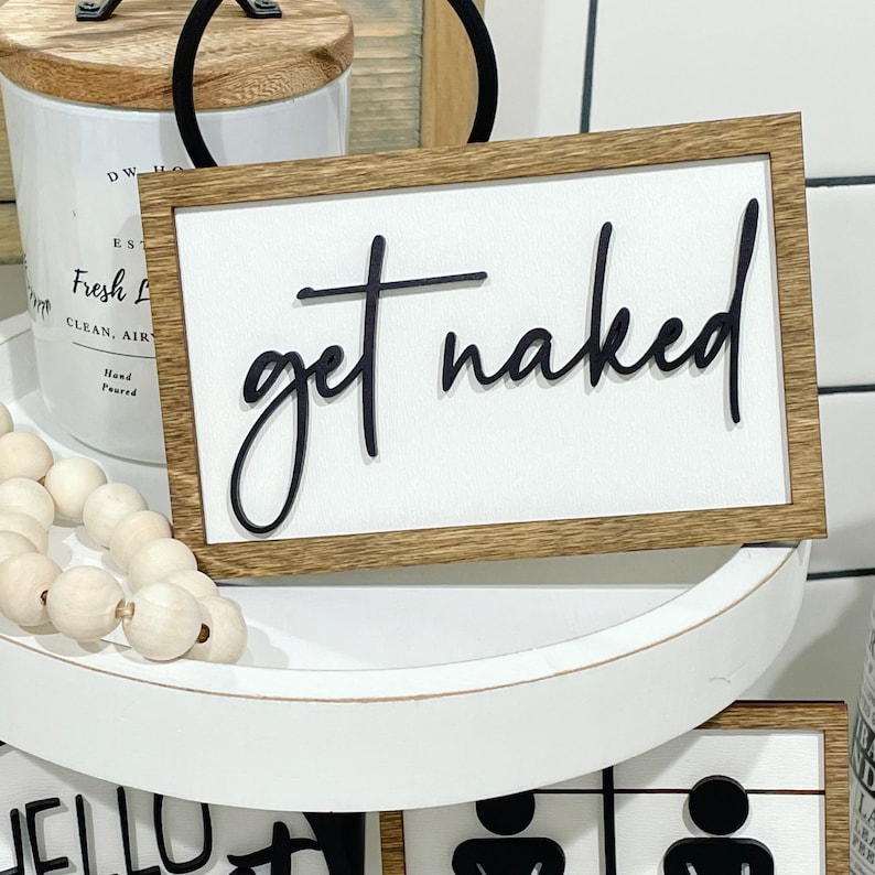 Bathroom Tiered Tray Decor // Black, White & Walnut Stained Signs // Get Naked // Hello Sweet Cheeks // Boy Girl // Farmhouse Shiplap Style image 2