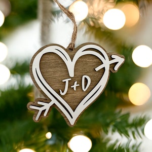 Personalized Heart and Arrow Christmas Ornament // Couple’s Initials // Rustic Wood // Wedding, Engagement, Anniversary Gift
