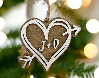 Personalized Heart and Arrow Christmas Ornament // Couple’s Initials // Rustic Wood // Wedding, Engagement, Anniversary Gift