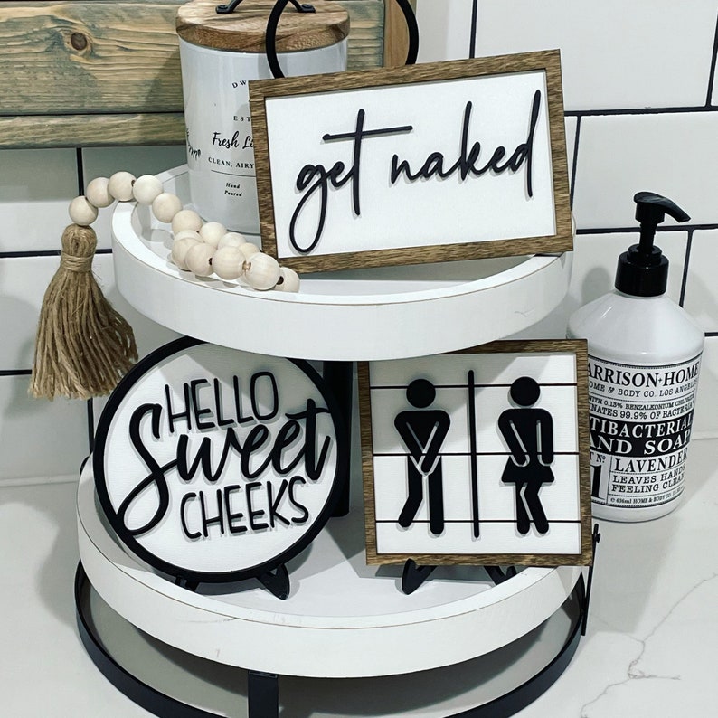 Bathroom Tiered Tray Decor // Black, White & Walnut Stained Signs // Get Naked // Hello Sweet Cheeks // Boy Girl // Farmhouse Shiplap Style All 3 signs +3easels