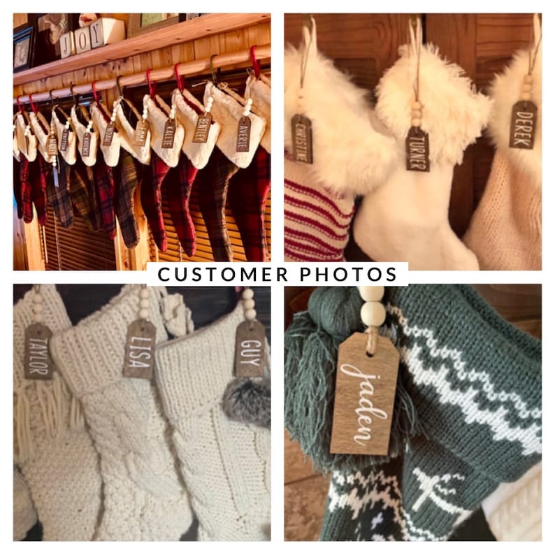 May include: A collection of personalized Christmas stockings with wooden tags featuring names like "Jaden", "Lisa", "Guy", "Taylor", "Turner", "Derek", "Christine", and "Averi".