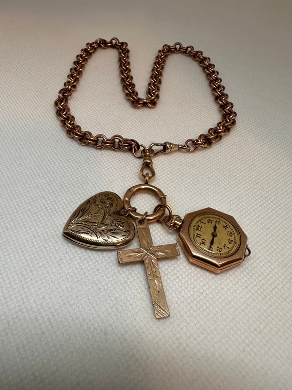 Antique Victorian Watch Chain Necklace Cross Heart