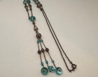 Antique Victorian/Art Deco Long Silver Blue Crystal Lariat Necklace