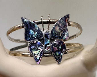 Vintage Silver Abalone Shell Butterfly Cuff Alpaca