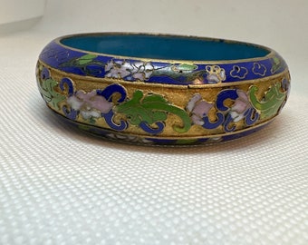 Vintage 1920s Chinese Champleve Cloisonné Enameled Bracelet Bangle Floral Gilded Edges