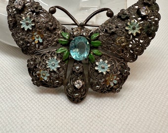 Large Victorian/Art Deco Silver Butterfly Enameled Brooch