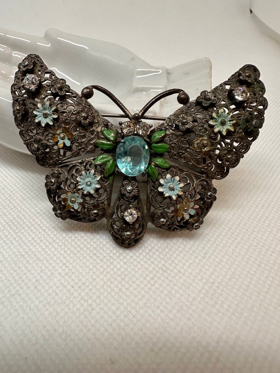 Large Victorian/Art Deco Silver Butterfly Enameled