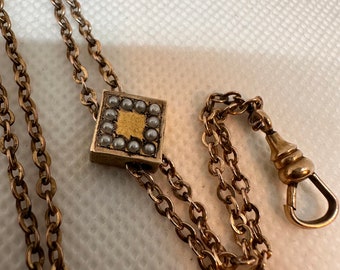 Antique Victorian Seed Pearl Watch Chain Necklace Gold Filled HDM Co