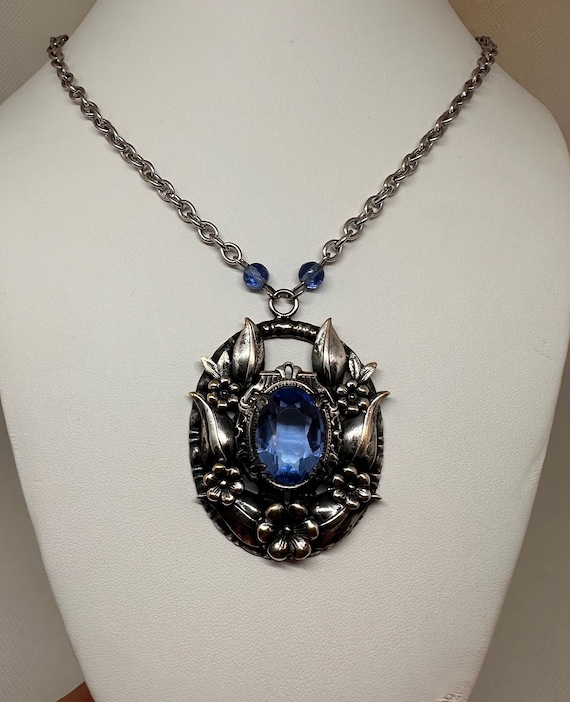 Antique Victorian Silver Blue Glass Necklace