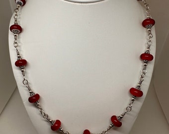 925 Sterling Silver Red Blown Glass Bead Necklace