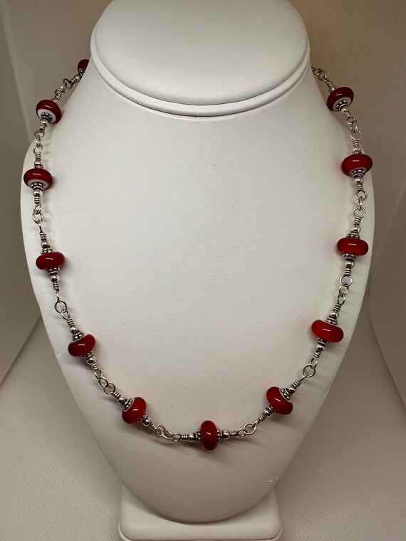 925 Sterling Silver Red Blown Glass Bead Necklace