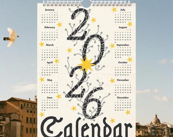 May include: A 2020 calendar with a cream background, featuring the word "Calendar" and the numbers "2020" in a unique, artistic font. The numbers are black with a circuit-like design, and yellow stars are scattered around. The calendar is hanging against a sky backdrop.