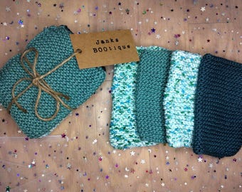 Handstickade tvättlappar i bomull: Blue Lagoon-kollektionen, set om 4