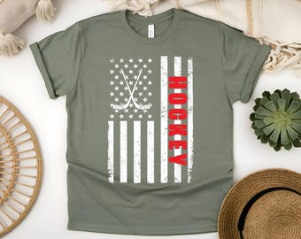 Hockey American Flag T-Shirt, Hockey Player Tee, Winter Sports Lovers Hockey Sticks Shirt