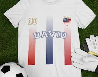 Camiseta personalizada de fútbol de EE. UU. con nombre, camiseta con la bandera estadounidense, regalo patriótico para fanáticos del fútbol, camiseta unisex para amantes del fútbol