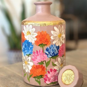 Hand-Painted Floral Bottle with Gold Leaf Detail | Decorative Art Bottle | 8” Vase | One-of-a-Kind Gift | Boho Home Decor