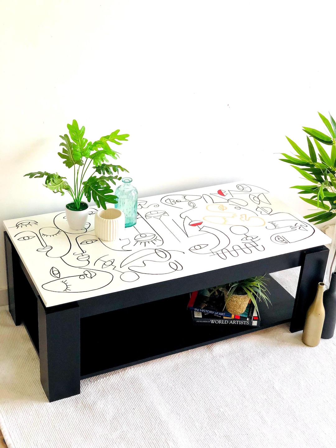 Hand Painted Coffee Table – Abstract Face Line Art | Monochrome ...
